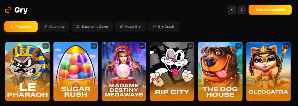 Tiger Casino — popularne gry: Le Pharaoh, Sugar Rush, Madame Destiny Megaways, Rip City, The Dog House, Cleocatra. Kategorie: Popularne, Automaty, Kasyno na Żywo, Nowe Gry, Gry Crash
